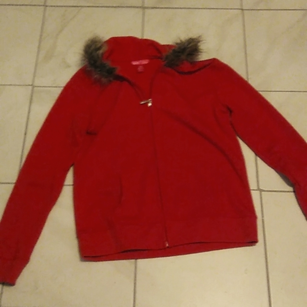 Red hoodie with fur collar. Matching red shorts, size small.